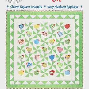 May include: A quilt pattern featuring the text "Chubby Chicks" and a design of colorful chicks. The quilt measures 60 inches by 60 inches. The design includes machine-embroidered feet and button eyes.