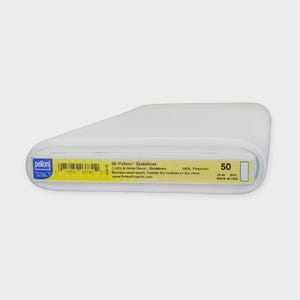 May include: A roll of white Pellon 50 stabilizer for crafts and home decor. The label indicates it is 100% polyester, 20 inches wide, and made in the USA. The packaging includes a barcode, care instructions for machine wash, and a website URL.