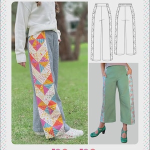 May include: A sewing pattern for Lena Pants featuring elasticated waistbands and patchwork side panels in two lengths. The cover displays grey pants with colorful triangular patchwork and green cropped pants with patterned side panels, plus line drawings.