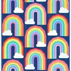 May include: A repeating pattern of colorful rainbows and white clouds on a dark blue background. The rainbows are made up of red, orange, yellow, green, blue, indigo, and violet stripes.