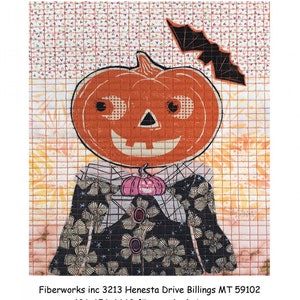 May include: A digital pattern for a quilted wall hanging featuring a pumpkin head with a black bat above it. The pumpkin head is wearing a black dress with a pink pumpkin on the front. The pattern is 8 inches by 10 inches and is framed on a canvas. The text "Mrs. Pumpkin Head" is at the top of the image. The text "An Eeny Weeny pattern by Laura Heine" is below the title. The text "Size: 8" x 10" framed on a canvas" is below the author's name. The text "Fiberworks inc 3213 Henesta Drive Billings MT 59102 406-656-6663 fiberworks-heine.com Laura Heine 2021 Do not photocopy resize, reproduce or share Please read entire instructions before beginning your collage!" is at the bottom of the image.