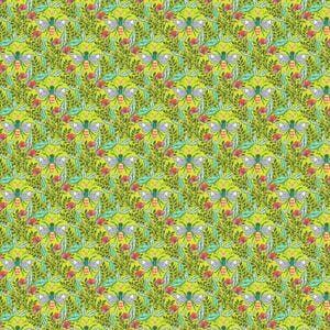 May include: A repeating pattern of green leaves, pink flowers, and blue and yellow butterflies. The background is a light green colour.