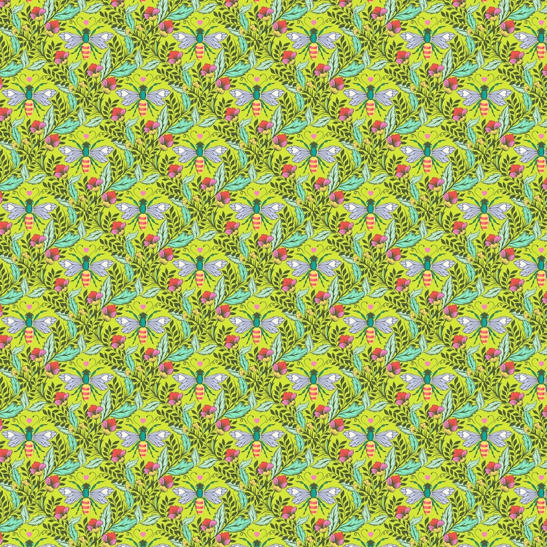 May include: A repeating pattern of green leaves, pink flowers, and blue and yellow butterflies. The background is a light green colour.