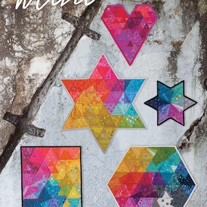 May include: A collection of colorful patchwork quilt blocks in various shapes, including a heart, star, hexagon, and square. The blocks are made of brightly colored fabric scraps and feature a geometric pattern. The text "Alison Glass TESS.ELLATION mini" is at the top of the image. The text "BY NYDIA KEHNLE & ALISON GLASS" is at the bottom of the image.