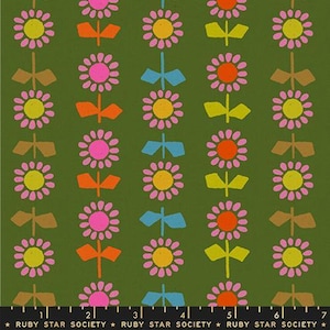 May include: Green fabric with a repeating pattern of stylized flowers in pink, yellow, and orange. The flowers have stems and are arranged in vertical rows. The text "RUBY STAR SOCIETY" is at the bottom.