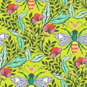 May include: A seamless pattern featuring stylised bees with blue wings and yellow and red stripes, flying among green leaves and pink, red, and yellow flowers.