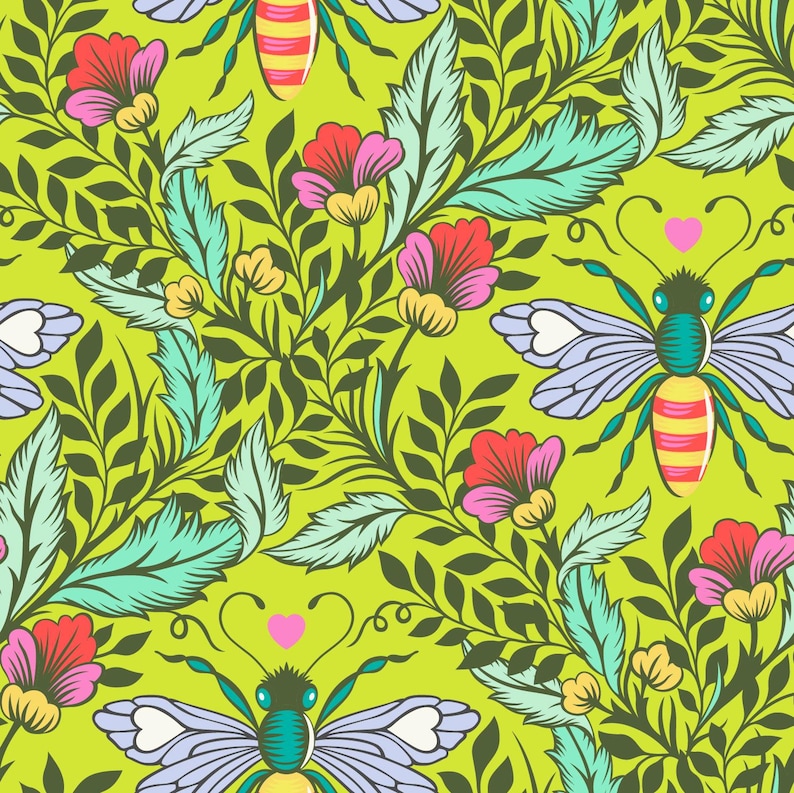 May include: A seamless pattern featuring stylised bees with blue wings and yellow and red stripes, flying among green leaves and pink, red, and yellow flowers.