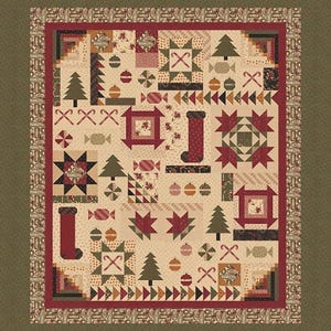 May include: A Christmas-themed quilt with a beige background and a variety of festive patterns. The quilt features Christmas trees, candy canes, ornaments, and stars in shades of red, green, and brown. The border has a repeating pattern.