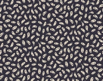 May include: A dark charcoal fabric featuring a repeating pattern of small, off-white ghost illustrations. Each ghost is depicted with two dark oval eyes and a rounded mouth, oriented in various directions across the surface of the material.