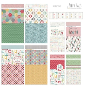 May include: A collection of fabric squares with various sewing-themed patterns. The patterns include a patchwork design, a repeating pattern of sewing machines, and a pattern with the words "Happiness is a Bobbin".
