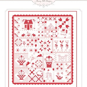 Może przedstawiać: Wzór patchworku w stylu redwork z motywami kwiatowymi i zwierzęcymi w czerwono-białej kolorystyce. Patchwork nosi tytuł "My Redwork Garden".