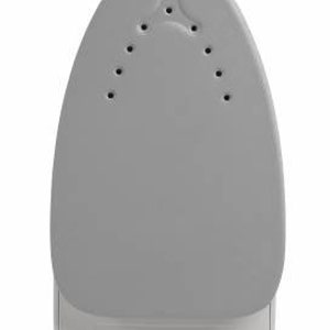 Puede incluir: Una plancha gris con una base blanca y dos botones en la parte delantera. La plancha tiene una punta puntiaguda y una salida de vapor en la parte superior.