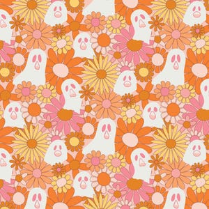 May include: A repeating pattern of white cartoon ghosts and colorful flowers in shades of orange, pink, and yellow. The flowers have multiple petals and are interspersed with the ghost figures, creating a whimsical and festive design.