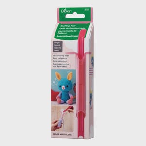 May include: A pink Clover stuffing tool for toys in a box. The box has text in multiple languages, including "Stuffing Tool" and "For stuffing toys." A crocheted blue bunny is pictured on the box.