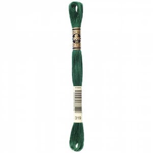 May include: A spool of DMC embroidery floss in color 319, a dark green shade. The floss is wrapped around a white card with the DMC logo and the color number printed on it.