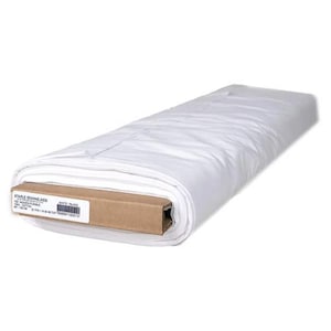 May include: A bolt of white woven fusible fabric wrapped around a cardboard core. The label reads STAPLE SEWING AIDS, 102 WOVEN FUSIBLE, 100% COTTON, 60"/150 CM, 20 YDS/18.28 METER. The fabric is folded in a long, cylindrical roll shape.
