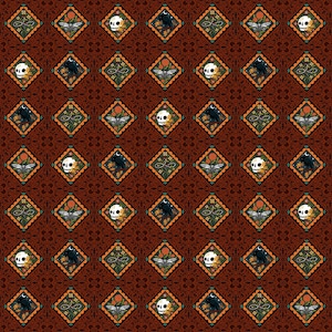 Peut inclure: Motif répété de losanges sur fond rouge foncé. Chaque losange contient un crâne, un croissant de lune, une fleur et un insecte stylisé. Les motifs sont encadrés de bordures orange et vertes.