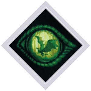 May include: A cross-stitch design featuring a green dragon within a green eye. The eye is set against a black background, with a white border. The dragon is detailed with green wings and body, set against a yellow and green background.