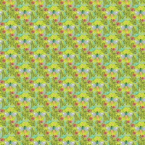 May include: A repeating pattern of green, blue and red butterflies on a yellow background. The butterflies have a stylised design with wings that resemble leaves.