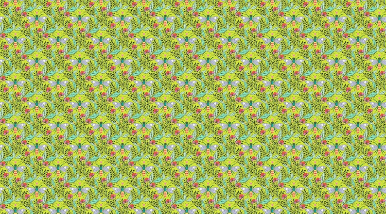 May include: A repeating pattern of green, blue and red butterflies on a yellow background. The butterflies have a stylised design with wings that resemble leaves.