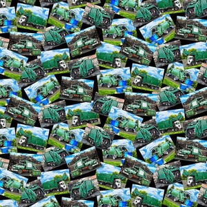 Puede incluir: Un patrón repetitivo de camiones de basura verdes, cada uno con una cabina blanca, sobre un fondo de cielos azules y hierba verde. Los camiones se muestran en varias orientaciones, creando un diseño dinámico y visualmente atractivo.