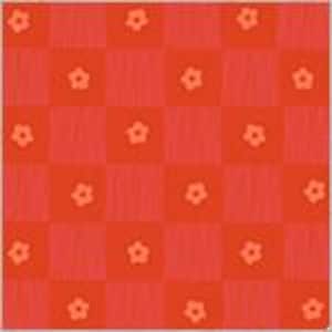 May include: A repeating pattern of red and coral squares with small, five-petal flower designs. The pattern alternates between solid squares and squares with vertical stripes, creating a textured effect. The flowers are a lighter shade of coral.