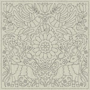 May include: A square, off-white fabric panel featuring a detailed, embroidered design. The design includes birds, rabbits, deer, flowers, and foliage, all outlined in dark gray stitching. The overall aesthetic is folk art or a vintage style.