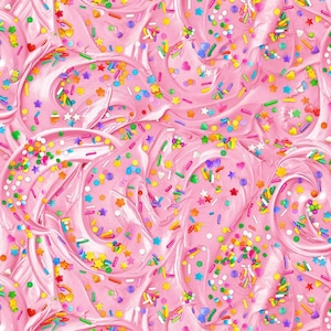 May include: Pink frosting with colorful sprinkles, including stars, hearts, and small round sprinkles.