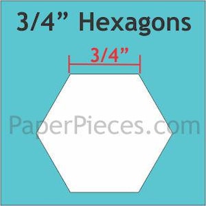 May include: A white hexagon shape centered on a teal background. The text 3/4" Hexagons appears at the top in black. A red dimension line indicates the top edge of the hexagon measures 3/4 inches. The text PaperPieces.com is visible in the center.