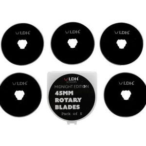 May include: A set of six black 45mm rotary blades, with a white plastic case. The blades are arranged around the case. The case reads "MIDNIGHT EDITION 45MM ROTARY BLADES Pack of 5". Each blade has the "VLDH" logo.