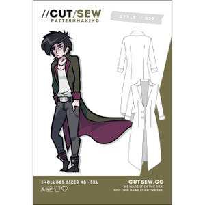May include: A patternmaking design featuring a cartoon illustration of a person wearing a long coat with a purple lining. The text reads "//CUT/SEW PATTERNMAKING" and "STYLE // 039". Includes sizes XS-3XL. The website is cutsew.co.