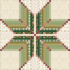 Puede incluir: Un edredón artesanal con un diseño de estrella. El edredón presenta un patchwork de varias telas en tonos verdes, crema y rojos. La estrella central está compuesta por patrones florales y a cuadros, sobre un fondo crema.