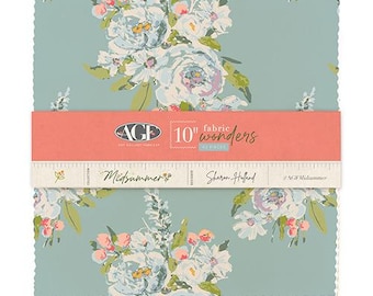 May include: A stack of 10-inch fabric squares with a floral pattern in shades of blue, white, and pink. The fabric is from the "Midsummer" collection by Sharon Holland. A coral-colored band across the middle reads "10" fabric wonders".