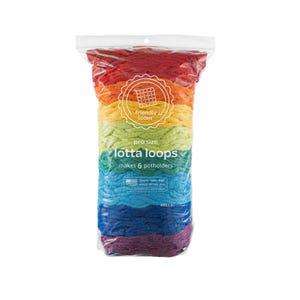 May include: A clear plastic bag filled with colorful fabric loops in a rainbow of colors. The bag has text that reads "friendly loom", "lotta loops", and "makes 6 potholders". The product is made in the USA and is for ages 8+.