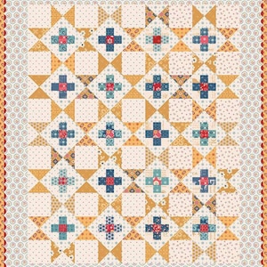 May include: A patchwork quilt with a repeating pattern of crosses, squares, and triangles in shades of cream, gold, red, and blue. The quilt has a scalloped border with a floral design. The overall design is symmetrical and geometric.