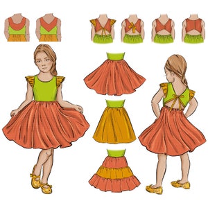 May include: Illustration of a girl wearing a green and orange dress with a full skirt. The dress has a green bodice and a bow detail on the back. Several dress variations are shown, including different skirt styles.
