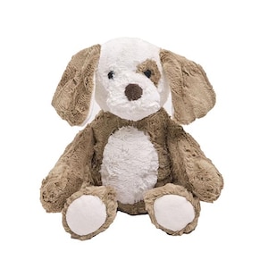 May include: A plush dog toy with a white head and chest, brown ears, and a brown spot near the eye. The toy has a soft, furry texture and white paws. The dog is sitting upright.