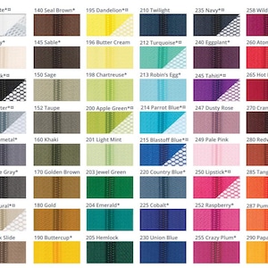May include: A color chart displaying a variety of zipper colors. The chart includes shades like white, black, navy, and red, along with unique hues such as chartreuse, emerald, and crazy plum. Each color is labeled with a number and name.