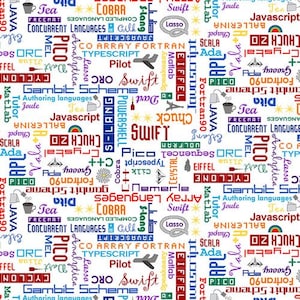 May include: A white background with a colorful pattern of various programming languages, including Java, Javascript, Python, C++, Swift, and more. The words are arranged in a random pattern, creating a visually interesting design.