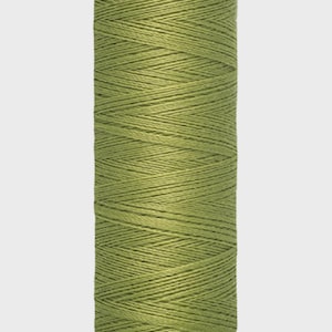 May include: A spool of Gütermann thread in a muted olive green color. The spool has a white base with black text indicating 100 meters or 110 yards of thread. The Gütermann logo is printed on the top of the spool.