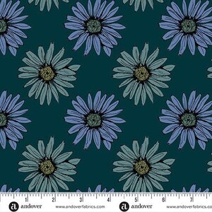 May include: A fabric pattern featuring a repeating floral design. The flowers have blue and green petals with yellow centers, set against a dark teal background. The design is a repeating pattern of stylized daisies.
