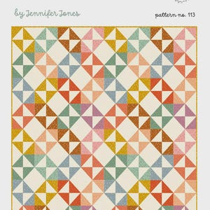 May include: A colorful quilt pattern with geometric shapes in shades of pink, orange, blue, green, and yellow. The quilt is labeled "Ramona" by Jennifer Jones, pattern no. 113, and is described as a baby, throw, or bed quilt.