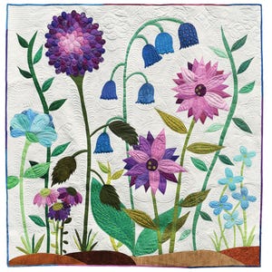 May include: A floral quilt with a white background, featuring detailed stitching and a variety of flowers in shades of purple, pink, and blue. The quilt has a brown border, showcasing a handcrafted design with a range of colours.