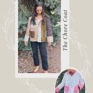 Könnte beinhalten: Gesteppte Patchwork-Arbeitsjacke in neutralen Tönen, mit floralem Druck, olivgrünen und braunen Einsätzen. Die Jacke hat große Taschen und ist zugeknöpft. Der Text "The Chore Coat" wird angezeigt.