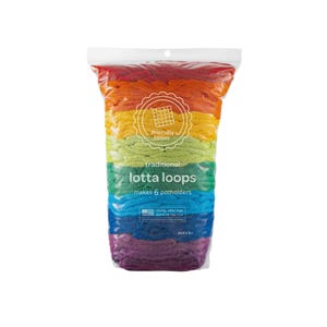 May include: A package of colorful Lotta Loops for making potholders. The loops are arranged in a rainbow of colors, including red, orange, yellow, green, blue, and purple. The package includes the text "friendly loom" and "traditional lotta loops makes 6 potholders."