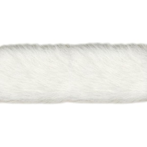 May include: A strip of white faux fur with a gray top edge. The fur has a soft, fluffy texture and is set against a white background. The image is a close-up of the fur, showing the details of the fibers.