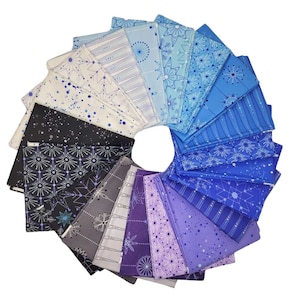 May include: A collection of 20 fabric squares in shades of blue, purple, and gray with geometric and floral patterns. The fabric squares are arranged in a circle.