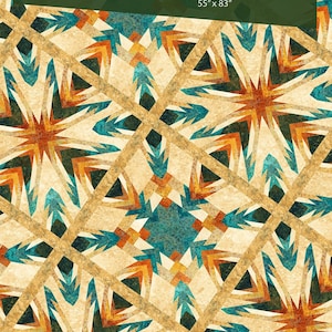 May include: A paper piecing pattern for a quilt called "Solstice" by Tamarinis. The pattern features a geometric design with teal, orange, and brown colors. The quilt is 55 inches by 83 inches.