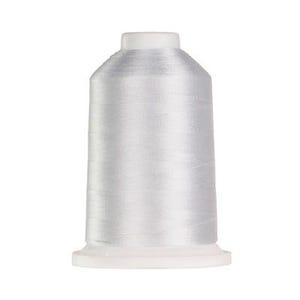 May include: A spool of light silver-gray embroidery thread featuring a smooth, lustrous finish. The thread is wound tightly around a white plastic cylindrical core with a flared base and a flat top, creating a uniform and clean appearance.