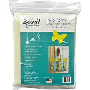 May include: A package of Bosal In-R-Form single-sided fusible foam stabilizer. The package includes a cream-colored foam sheet, measuring 36" x 58" (91.4 cm x 147.3 cm). Features include being single-sided fusible, laminated to napped tricot, soft, and easy to stitch.